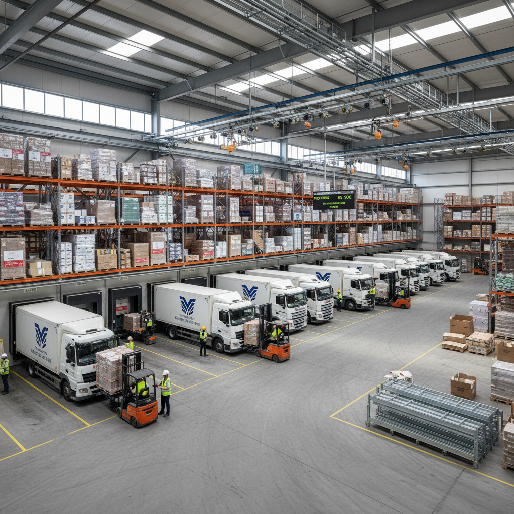 A photorealistic image of a modern, spacious warehouse in France, showcasing the benefits of commercial leasing. The scene features neatly organized storage racks filled with goods, forklift trucks in operation by adult workers, large loading docks with trucks arriving, and wide open spaces under high ceilings with natural light from skylights. Include subtle French elements like a tricolor flag or signage in French. The atmosphere conveys efficiency, security, and business growth, emphasizing the advantages of such a lease without showing any legal documents.