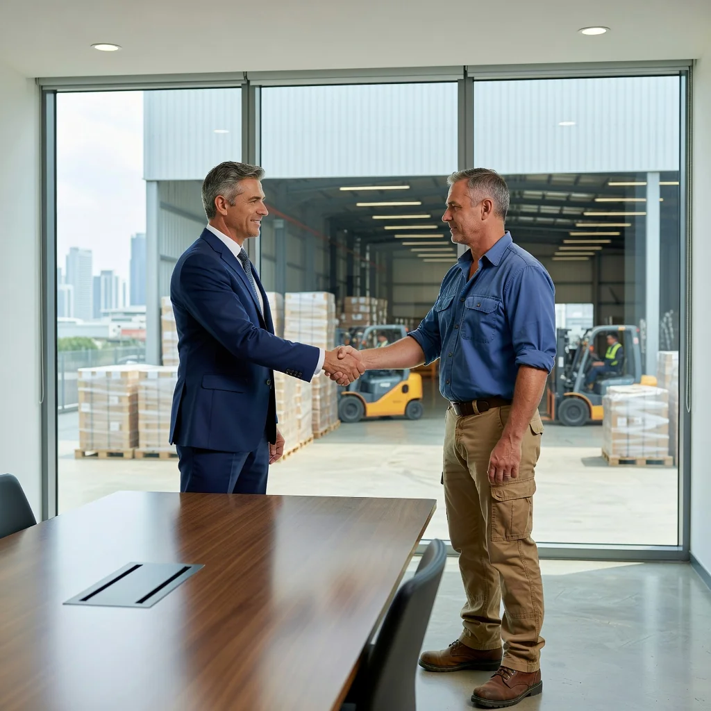 A photorealistic image of a professional business negotiator in a modern office setting in Singapore, shaking hands with a warehouse manager across a conference table, with a subtle view of a contemporary warehouse facility through a large window in the background, symbolizing a successful lease agreement negotiation. The scene conveys confidence, partnership, and urban business environment, with no children present.