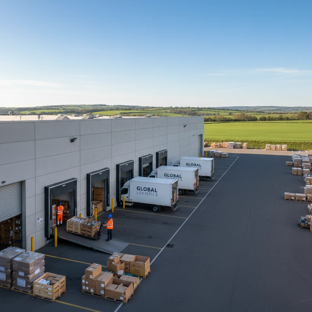 A photorealistic image of a modern industrial warehouse in the UK, featuring large loading bays with delivery trucks, stacked pallets of goods inside, and workers in high-visibility vests operating forklifts, symbolizing commercial leasing and logistics operations.