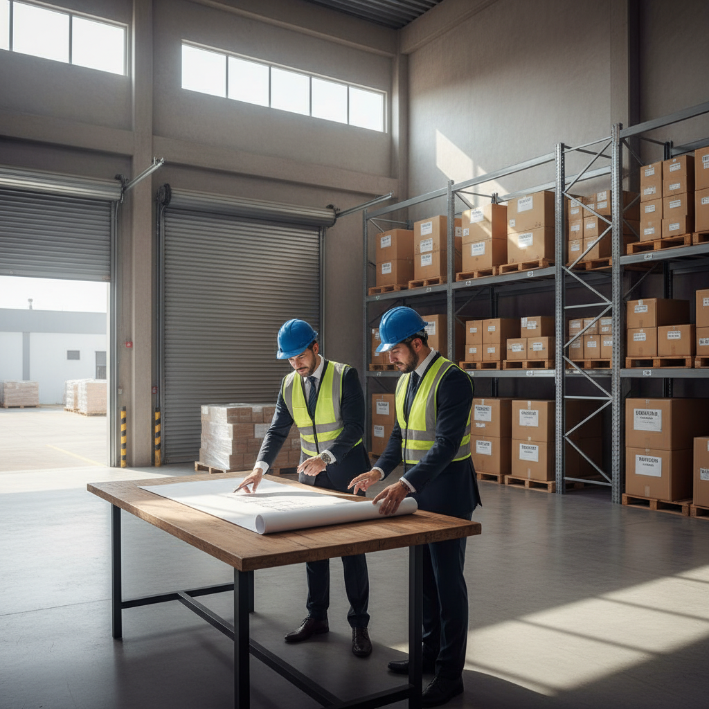 A photorealistic image of a modern industrial warehouse in Mexico, showing adult workers in safety gear discussing a lease agreement over a blueprint on a table inside the spacious storage facility, with shelves of goods in the background, conveying themes of rights and obligations in commercial leasing.