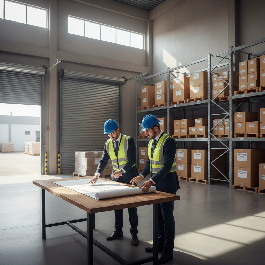 A photorealistic image of a modern industrial warehouse in Mexico, showing adult workers in safety gear discussing a lease agreement over a blueprint on a table inside the spacious storage facility, with shelves of goods in the background, conveying themes of rights and obligations in commercial leasing.