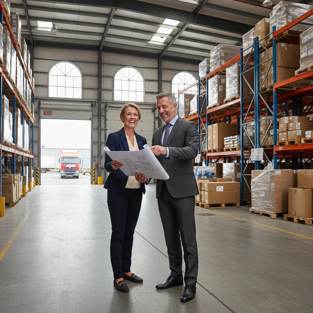 A photorealistic image of two professional adults, a tenant representative and a landlord, engaged in a serious discussion over a warehouse lease in a modern UK warehouse setting. They are standing near large industrial doors with stacked pallets in the background, shaking hands to symbolize successful negotiation. The atmosphere is professional and business-like, with natural daylight illuminating the scene. No children are present. The image is strictly photorealistic, not a graphic, drawing, or illustration.