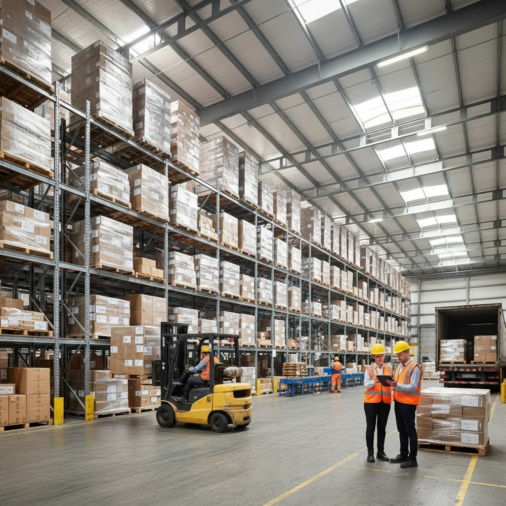 A photorealistic image of a modern, spacious warehouse interior with neatly organized shelves of goods, a forklift truck in operation, and adult workers in safety gear discussing logistics, representing the essence of a warehouse lease agreement without showing any legal documents.