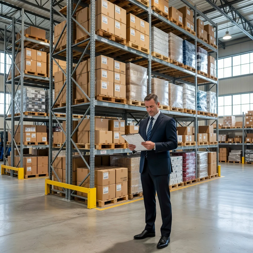 A photorealistic image of a modern warehouse interior with organized storage shelves filled with boxes and goods, an adult professional in business attire standing nearby inspecting inventory, conveying efficiency and security in commercial leasing, no children present.