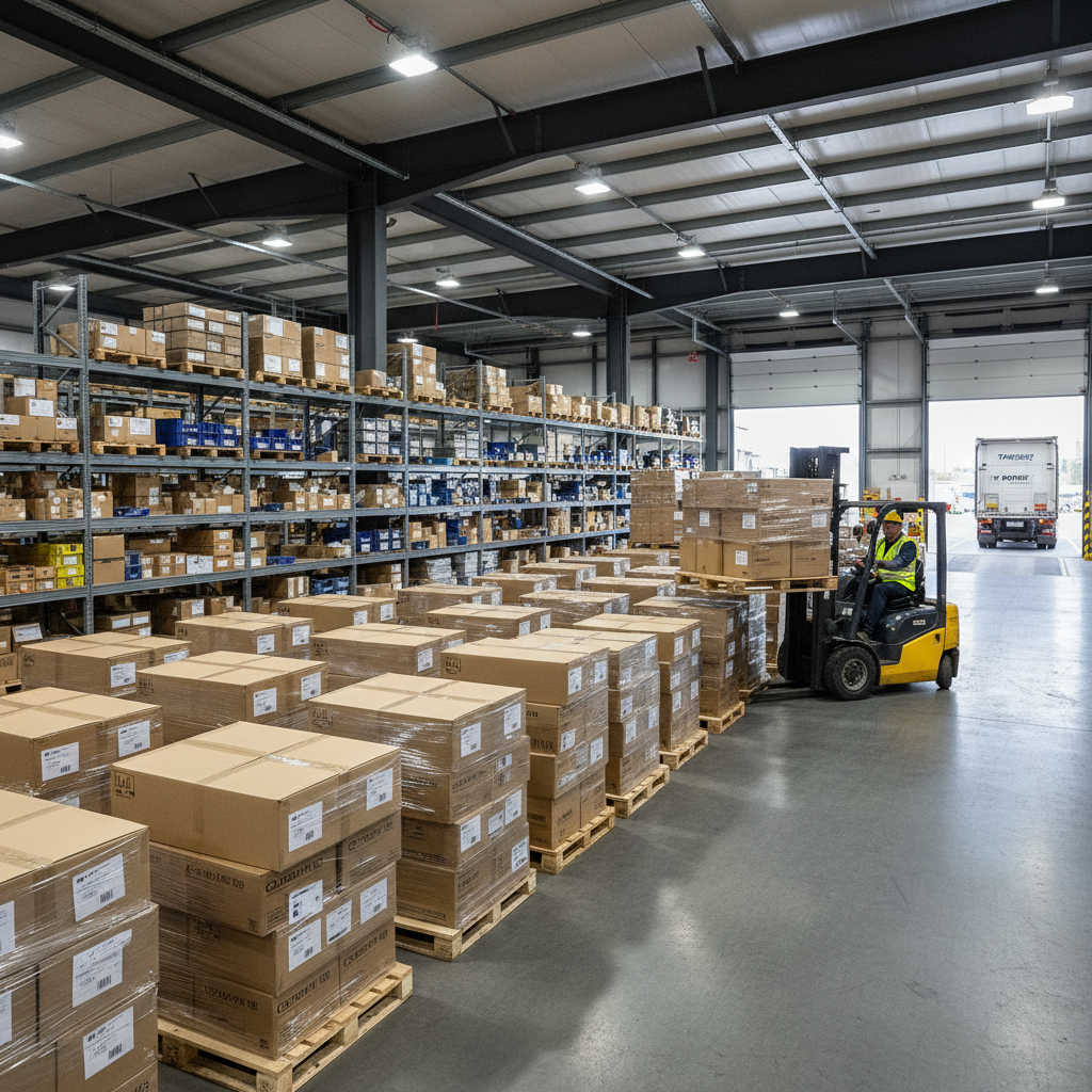 A photorealistic image of a modern warehouse facility with stacked pallets of goods, forklifts in operation, and adult workers in safety gear managing inventory, symbolizing efficient storage leasing arrangements.