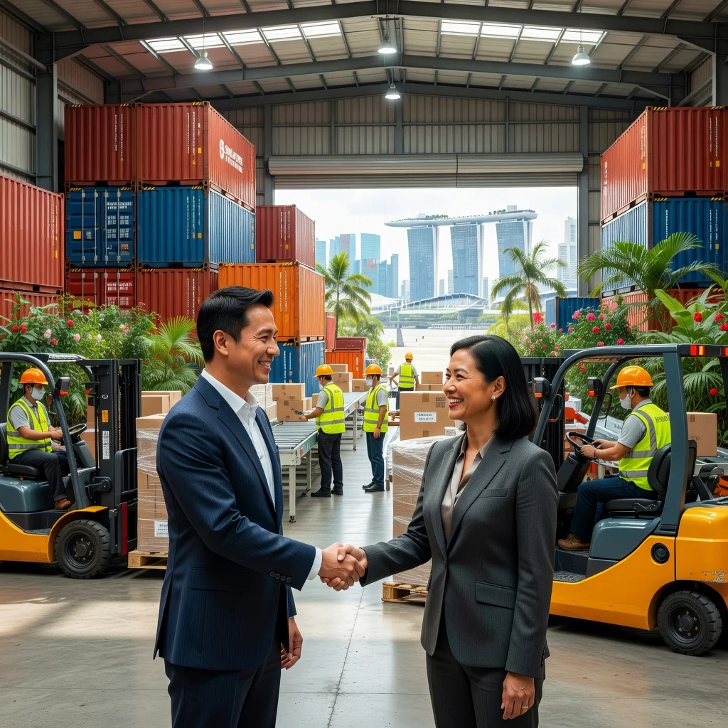 A photorealistic image of a modern warehouse facility in Singapore, showing adult professionals in business attire discussing lease terms near a loading dock with stacked pallets and industrial equipment in the background, conveying a sense of commercial agreement and logistics without focusing on legal documents.