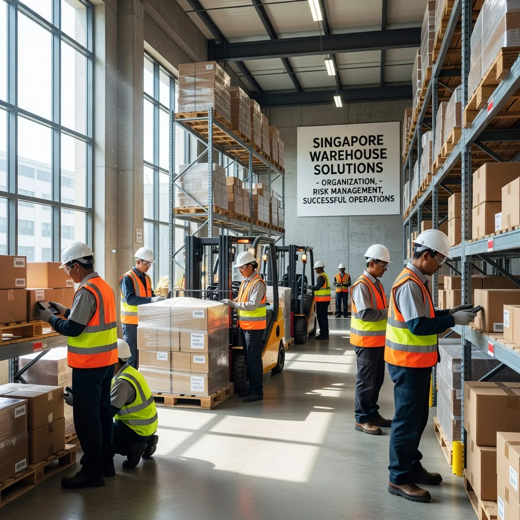 A photorealistic image of a modern warehouse in Singapore with workers efficiently loading goods onto trucks, emphasizing smooth logistics and avoiding common pitfalls in operations, no legal documents visible, no children present.