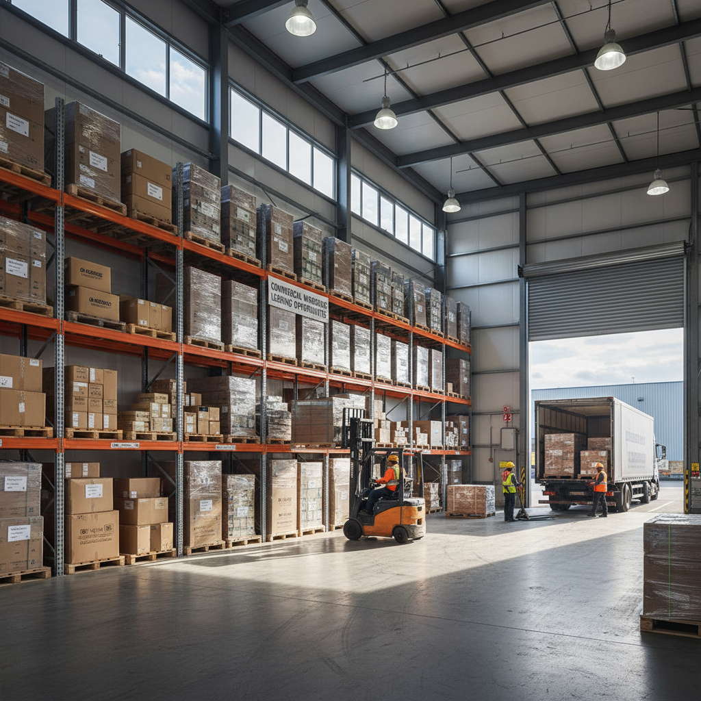 A photorealistic image of a modern warehouse facility with industrial storage racks filled with goods, a delivery truck parked outside, and adult workers in safety gear operating forklifts, conveying the commercial leasing aspect of a warehouse without showing any legal documents.