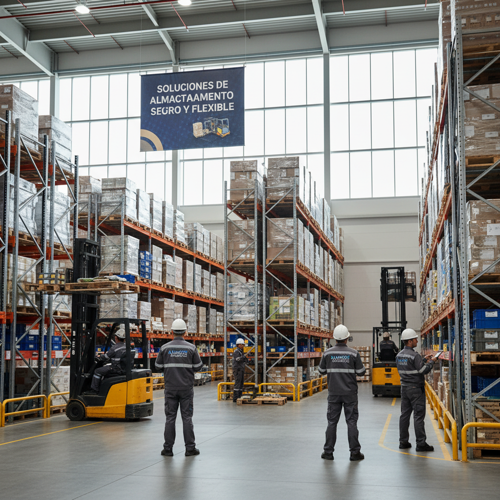 A photorealistic image of a modern, spacious warehouse in Spain, showing adult workers in professional attire organizing and loading goods onto shelves and pallets, with large industrial doors open to a sunny outdoor area, evoking efficiency and reliability in storage leasing.