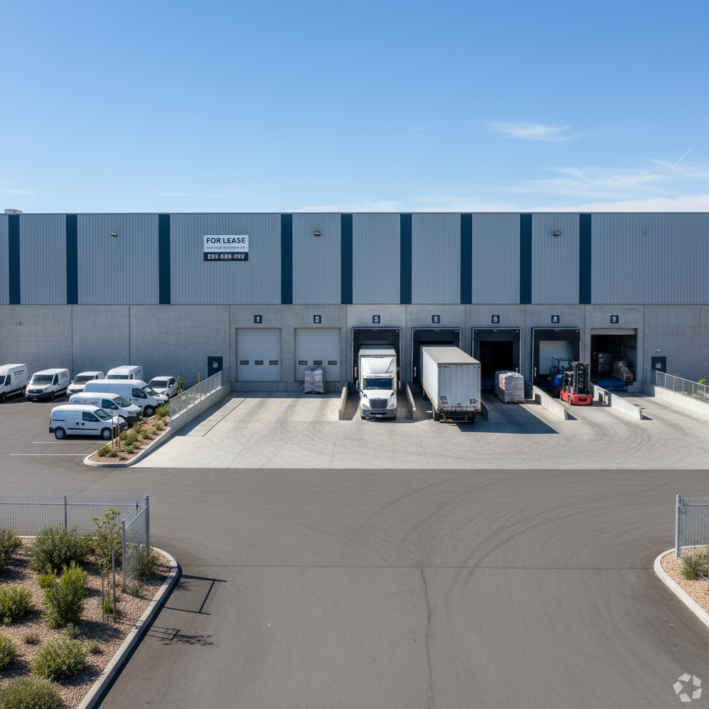 A photorealistic image of a modern commercial warehouse exterior with a leasing sign, symbolizing commercial lease agreements for storage facilities, featuring industrial architecture, loading docks, and delivery trucks, conveying professionalism and business operations without any legal documents visible.