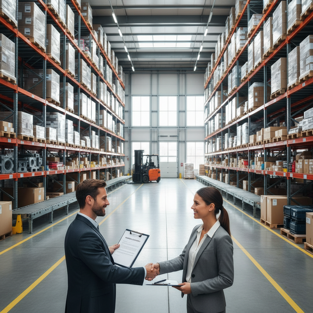 A photorealistic image of a modern, spacious warehouse interior with workers in professional attire discussing logistics or preparing for a business deal, symbolizing the purpose of leasing a warehouse space for legitimate operations.
