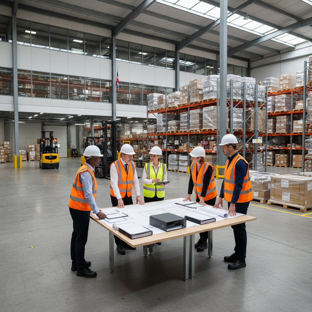 A photorealistic image of a modern UK warehouse facility with workers in safety gear discussing a leasing agreement over a blueprint table, symbolizing legal rights and obligations in warehouse leasing, no children present.
