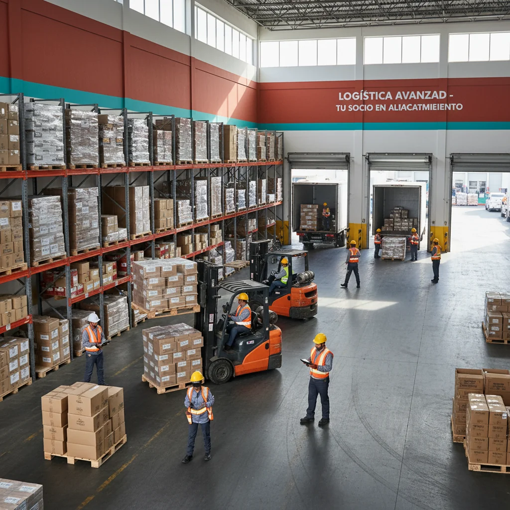 A photorealistic image of a modern, spacious warehouse in Mexico, showing adult workers organizing goods on shelves and loading boxes onto trucks, with Mexican flags or cultural elements in the background to represent a commercial leasing scenario.