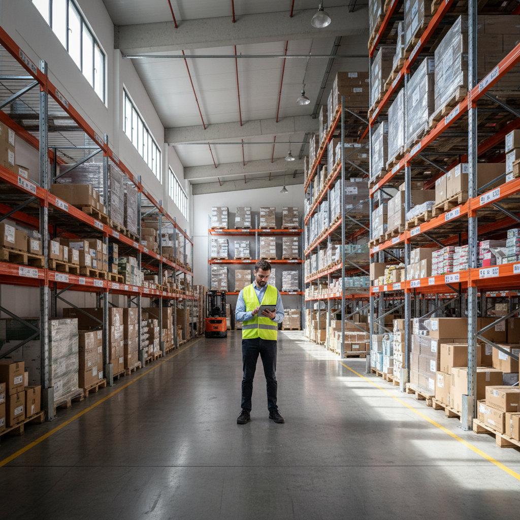 A photorealistic image depicting a modern warehouse in Spain with storage racks filled with goods, an adult professional in business attire reviewing inventory on a tablet, and a subtle Spanish flag in the background to evoke the context of leasing and obligations in warehouse rentals.