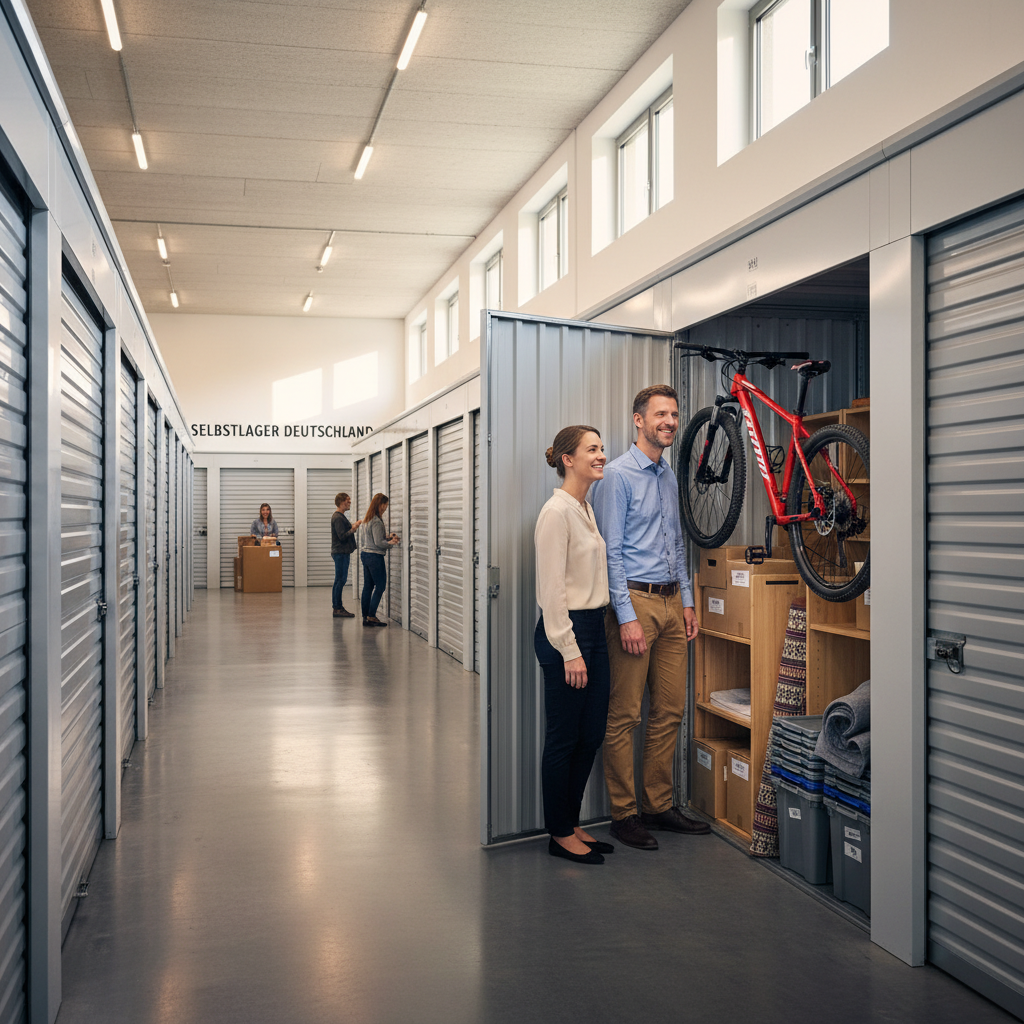 A photorealistic image depicting a modern, spacious storage room in Germany, filled with neatly organized boxes, furniture, and household items, symbolizing the rental of storage space as per a Lagerraum-Mietvertrag. The scene shows an adult professional couple in business attire standing in front of the open storage unit, looking satisfied and organized, with subtle German elements like a flag or signage in the background. No children are present in the image.