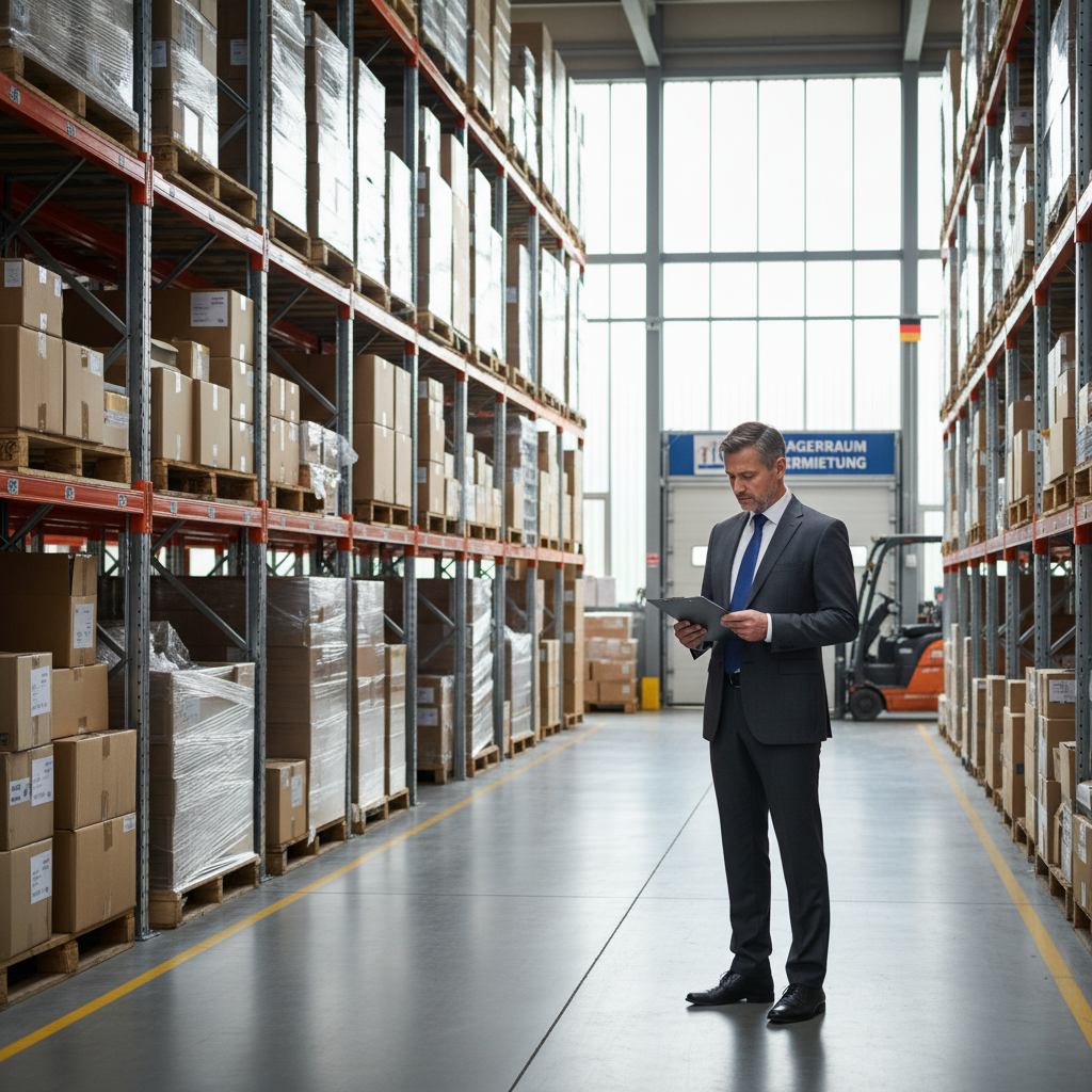 A photorealistic image of a modern, spacious storage room in Germany, filled with neatly organized boxes, shelves, and storage units, symbolizing the rental agreement for lagerraum. An adult professional in business attire is standing nearby, inspecting the space, with subtle German architectural elements in the background to evoke a sense of reliability and legality. No children or people under 18 are present.