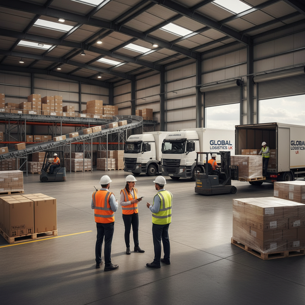 A photorealistic image of a modern warehouse facility in the United Kingdom, featuring industrial architecture with loading docks, forklifts moving goods, and adult workers in safety gear overseeing operations, under a clear sky to evoke efficiency and business activity.