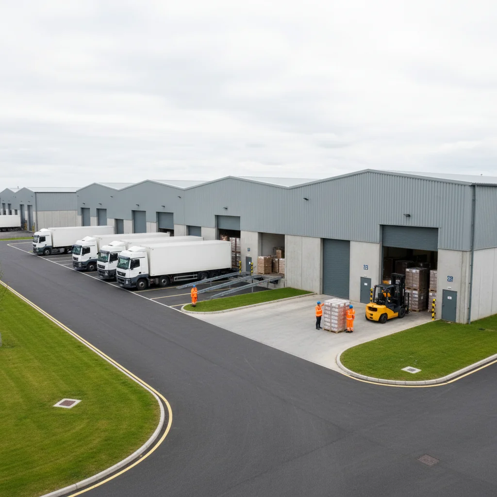 A photorealistic image of a modern warehouse facility in the UK, featuring large industrial buildings with loading docks, delivery trucks parked outside, workers in safety vests and helmets overseeing operations, and a clear blue sky, symbolizing the commercial leasing aspect without focusing on legal documents.