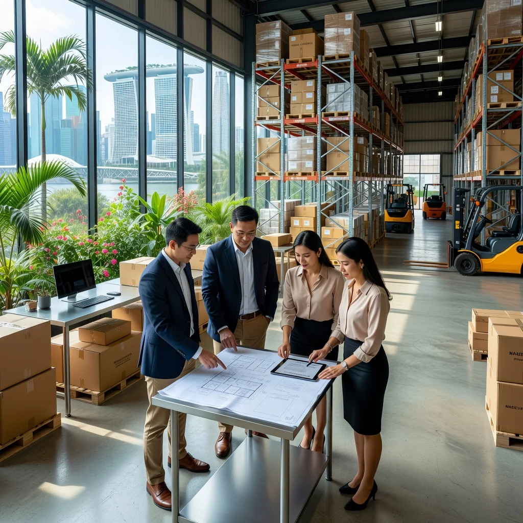 A photorealistic image of a modern warehouse facility in Singapore, showing adult workers in professional attire discussing logistics plans near stacked pallets and storage shelves, with subtle Singaporean urban elements in the background like tropical greenery and city skyline, evoking themes of commercial leasing and business operations.