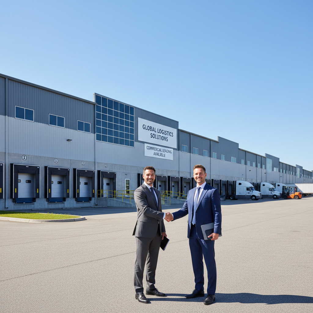 A photorealistic image of a modern industrial warehouse exterior in the United States, with a professional businessperson in business attire standing in the foreground, shaking hands with another professional, symbolizing a business agreement for leasing the warehouse space. The scene conveys reliability, commerce, and industrial purpose without focusing on any documents.