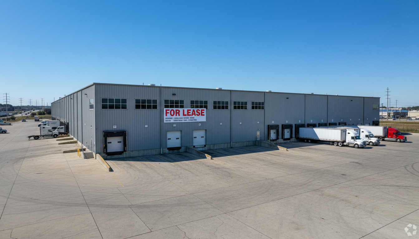 Warehouse exterior with lease sign