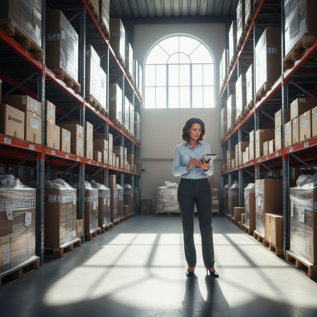 A photorealistic image of a modern, spacious warehouse in Spain, featuring neatly organized storage shelves filled with boxes and goods, with a professional adult manager in business attire standing in the foreground, reviewing inventory on a clipboard, evoking the concept of commercial leasing and storage rental agreements. The scene is set during daylight with natural light streaming in, highlighting the industrial yet organized environment. No children are present in the image.