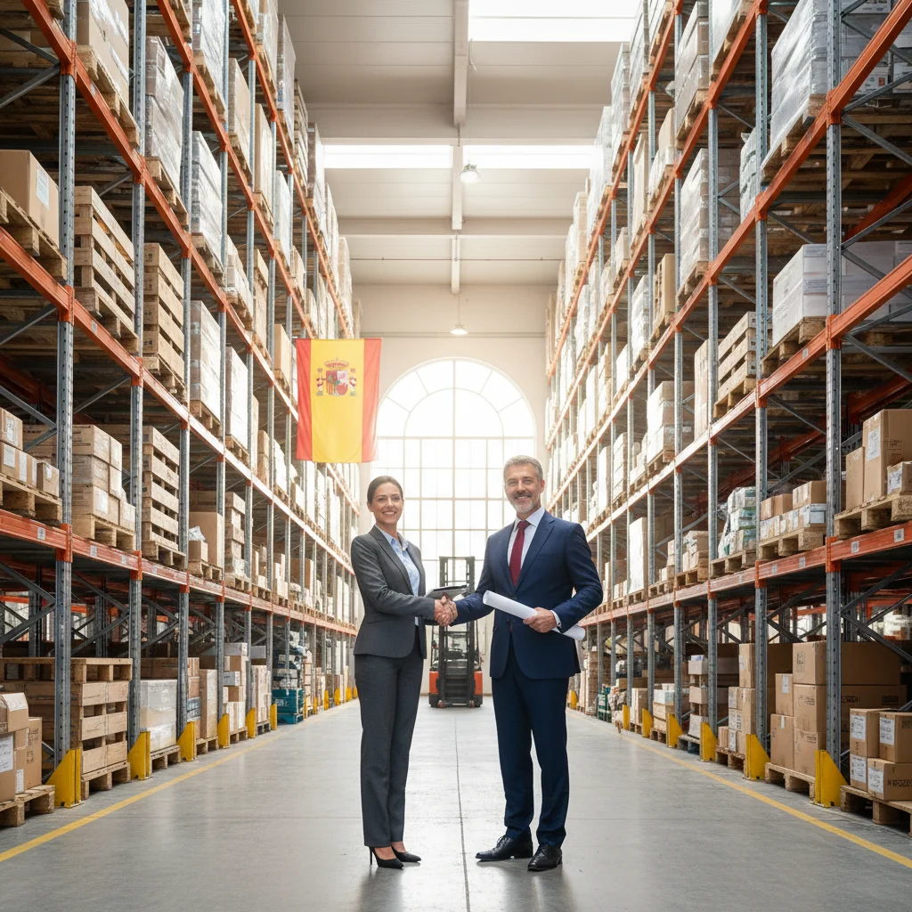 A photorealistic image of a modern warehouse in Spain with storage racks filled with goods, a professional adult leasing agent and a business owner shaking hands in the foreground, representing the purpose of a warehouse lease agreement, no children present, no legal documents visible.