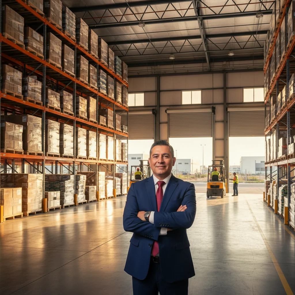 A photorealistic image of a modern warehouse in Mexico, showing an adult professional in business attire standing in front of a large, organized storage facility with stacked pallets and shelving units, representing the commercial leasing purpose of a warehouse rental contract. The scene is set in an industrial area with clear skies, emphasizing reliability and business operations. No children are present in the image.