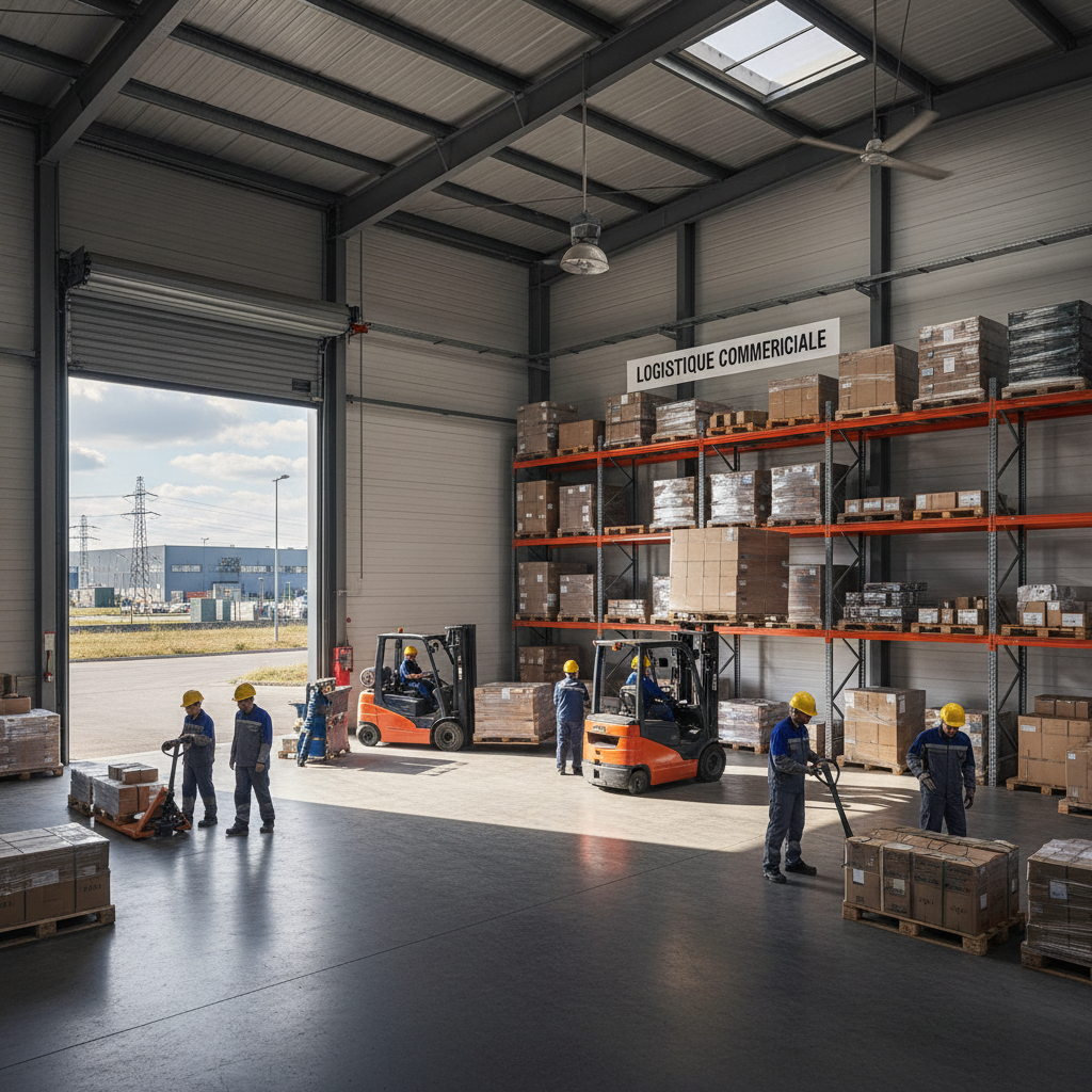 A photorealistic image of a modern industrial warehouse in France, featuring large storage spaces with neatly organized pallets of goods, forklifts in operation, and adult workers in safety gear loading and unloading shipments, under a clear daylight sky, evoking the essence of commercial leasing for storage facilities.