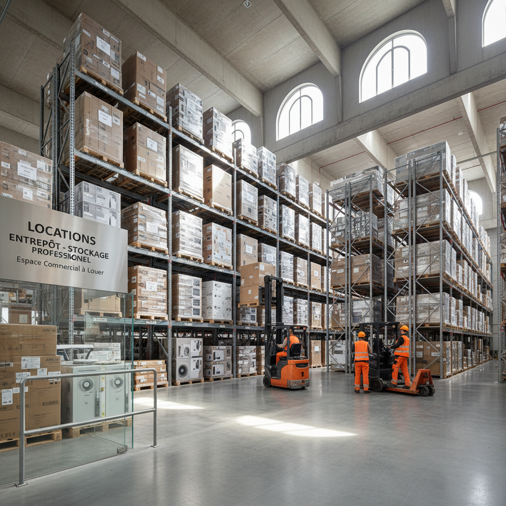 A photorealistic image of a modern, spacious warehouse in an industrial area of France, featuring large storage racks filled with goods, forklifts in operation, and professional workers in safety gear managing inventory, symbolizing commercial leasing for warehouse space.