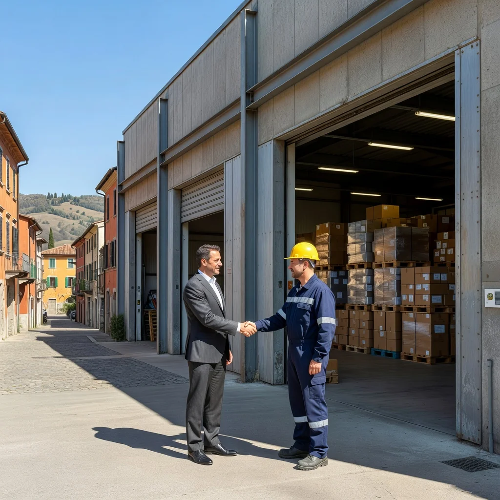 A photorealistic image of a modern warehouse in Italy, showing an adult professional in business attire shaking hands with another adult in work clothes, symbolizing the agreement for renting the storage space. The scene is set outside the warehouse entrance with Italian landscape in the background, conveying partnership and commercial real estate leasing without focusing on any documents.