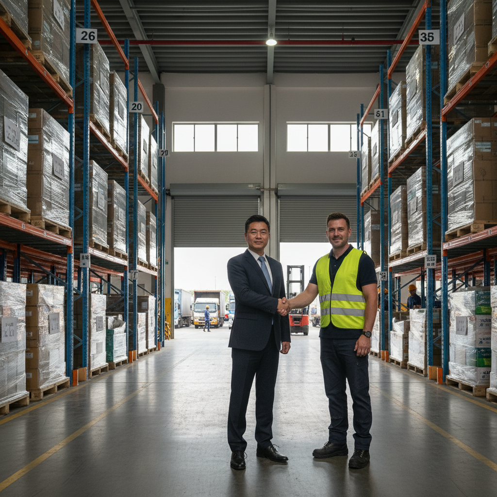 A photorealistic image of a modern warehouse in China, showing a professional business person shaking hands with a warehouse manager in front of stacked storage shelves filled with goods, symbolizing the agreement for warehouse rental, with no children present.