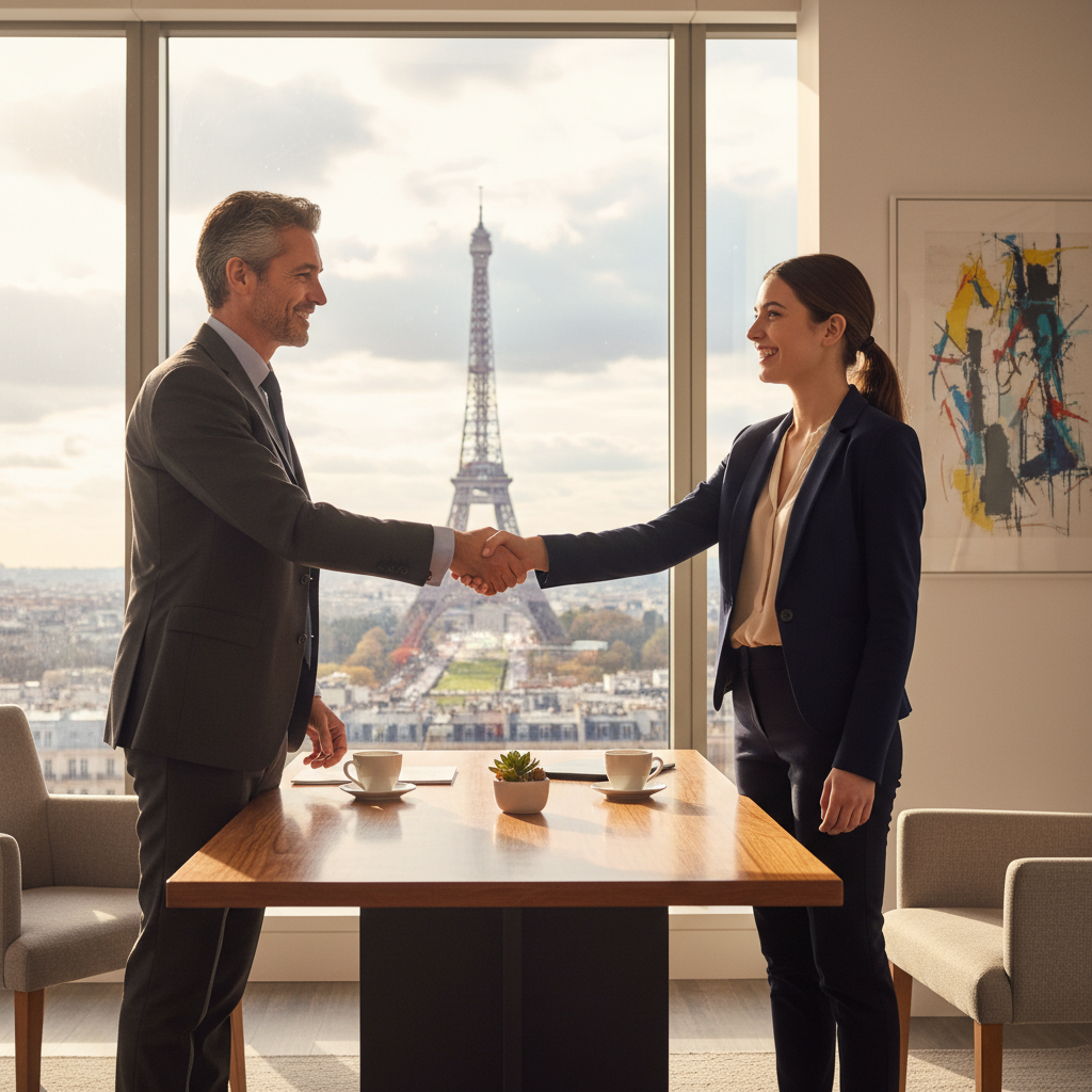 A photorealistic image of a professional adult employee in a modern French office setting, shaking hands with their employer across a desk, symbolizing the start of a new employment agreement. The scene conveys trust, professionalism, and compliance, with subtle French elements like a window view of Paris landmarks in the background. No children are present.