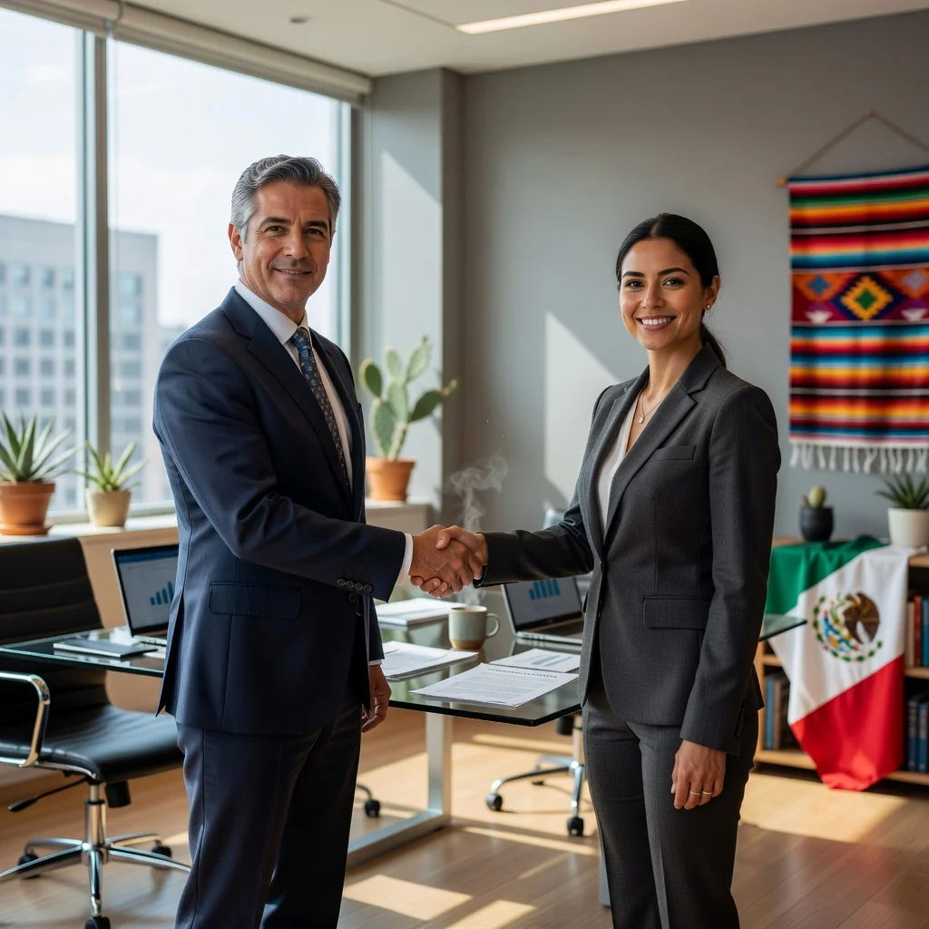 A photorealistic image of a diverse group of adult professionals in a modern Mexican office setting, shaking hands to signify a new employment agreement, with elements like a city skyline in the background to represent work opportunities in Mexico. No children present.