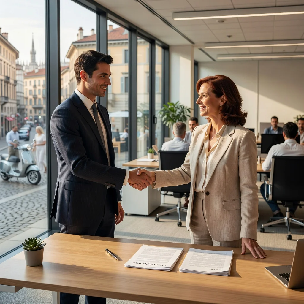 A photorealistic image of a professional adult employee in a modern Italian office setting, shaking hands with a colleague during a job interview or starting a new role, symbolizing the beginning of an employment contract in Italy. The scene conveys positivity, professionalism, and collaboration, with subtle Italian elements like a flag or architecture in the background. No children are present in the image.