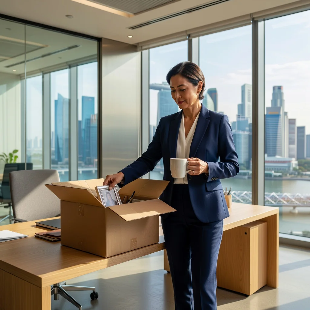 A photorealistic image of a professional adult employee in a modern office setting, looking contemplative while packing personal items from their desk, symbolizing the end of an employment contract, with a subtle background of a city skyline in Singapore to evoke the local context.