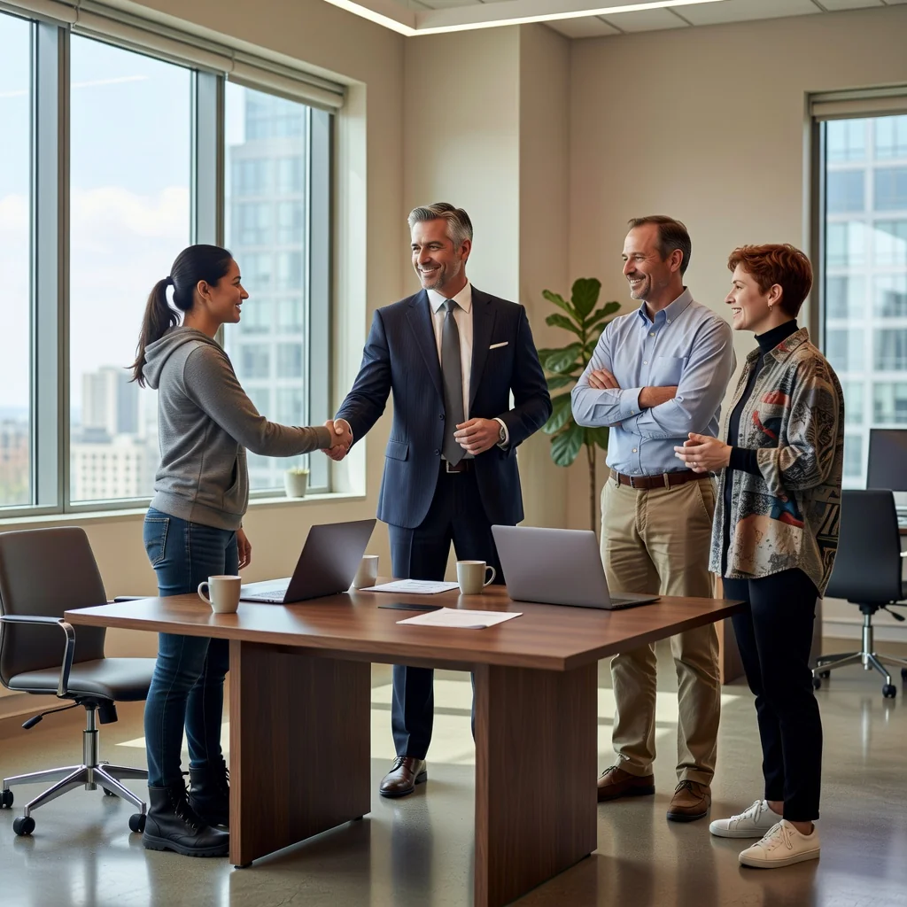 A photorealistic hero image representing different types of employment contracts for a business, showing a diverse group of adult professionals in a modern office environment, shaking hands with a business owner, symbolizing agreement and choice in hiring, with elements like a desk, computers, and motivational atmosphere, no legal documents visible, no children present.