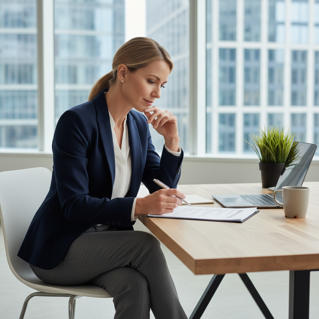 A photorealistic image of a professional adult employee in a modern office setting, shaking hands with a colleague during a job interview, symbolizing the start of a successful employment agreement without any legal documents visible.
