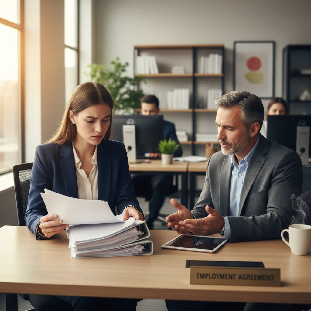 A photorealistic image of a professional adult employee in a modern UK office environment, shaking hands with a colleague during a job onboarding meeting, symbolizing the start of employment and the importance of understanding contract clauses. The scene conveys confidence, professionalism, and collaboration, with no children present.