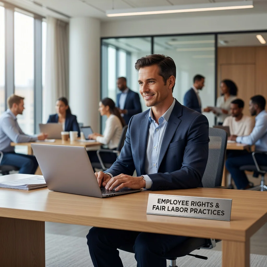 A photorealistic image of a professional adult employee in a modern office environment, smiling confidently while reviewing work on a computer, symbolizing the protection and assurance of employee rights under labor laws. The scene conveys empowerment, security, and workplace harmony, with no children present.