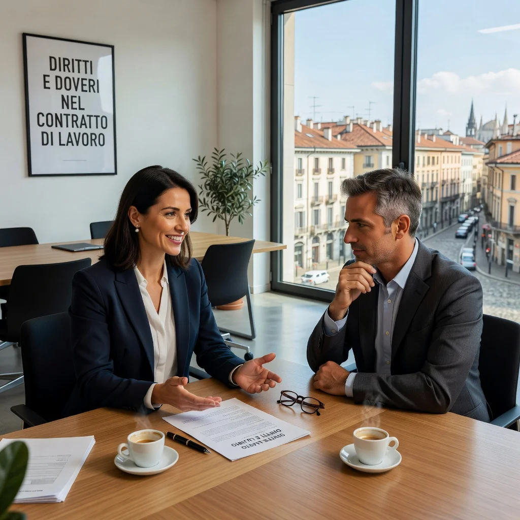 A photorealistic image of a professional adult employee in a modern office setting, reviewing a work contract with a colleague, symbolizing rights and obligations in Italian employment. The scene conveys collaboration, fairness, and professionalism, with Italian elements like a flag or subtle cultural motifs in the background. No children are present.