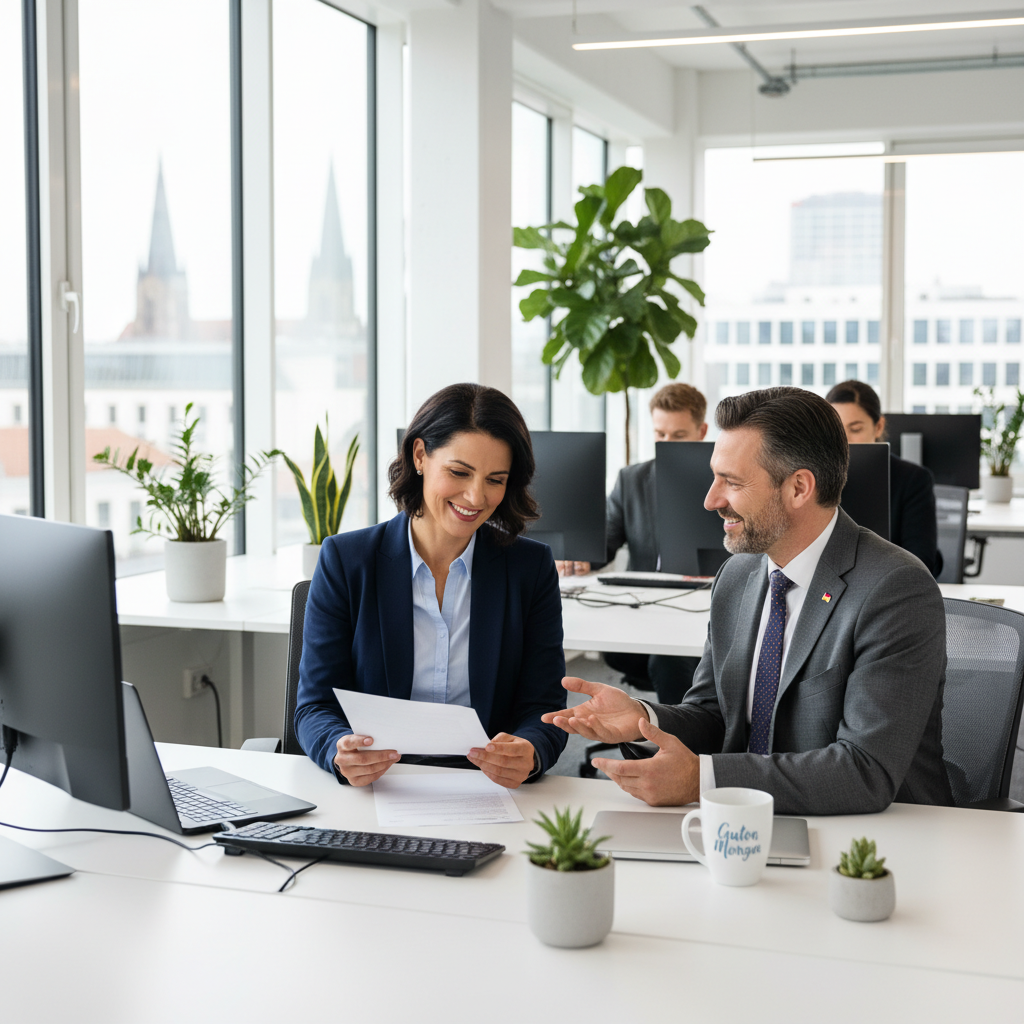 A photorealistic image of a professional adult employee in a modern German office setting, shaking hands with a business colleague during a job onboarding meeting, symbolizing the start of employment and the importance of a proper work contract, with subtle German elements like a flag or Berlin skyline in the background, no children present.