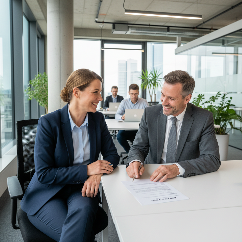 A photorealistic image of a professional adult employee in a modern German office setting, shaking hands with a colleague during a business meeting, symbolizing the rights and duties of an employment contract in Germany. The scene conveys collaboration, professionalism, and workplace harmony, with no children present.