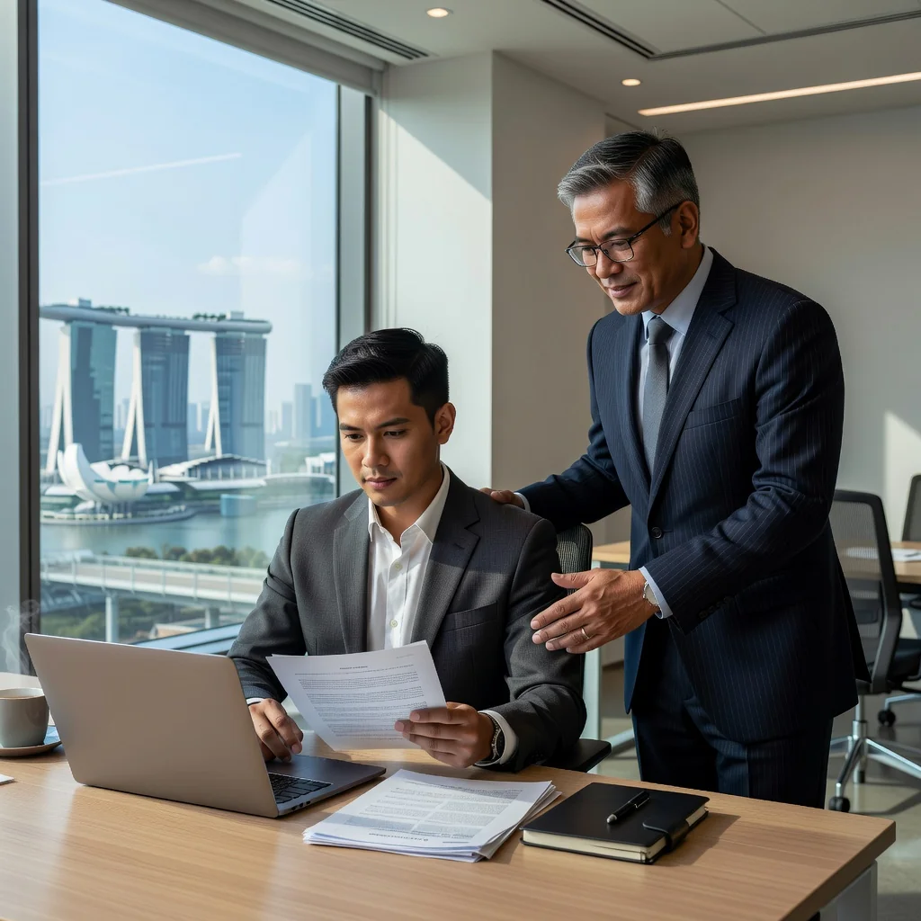 A photorealistic image of a professional adult employee in a modern Singapore office setting, looking thoughtfully at a computer screen while shaking hands with a colleague, symbolizing employment agreements and workplace dynamics, no children present.