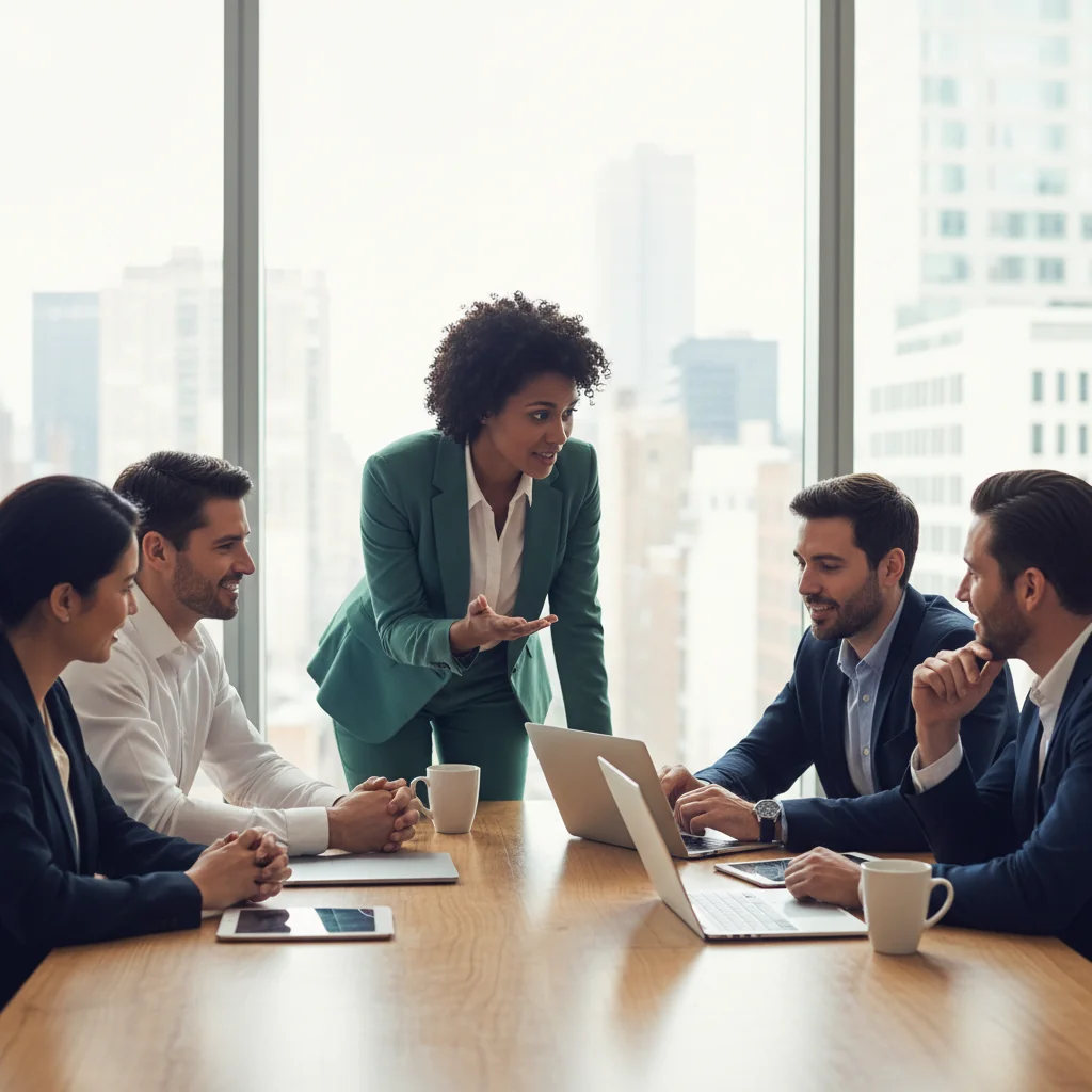 A professional office scene showing a diverse group of employees collaborating at a modern workplace, with one person reviewing notes thoughtfully to symbolize avoiding mistakes in employment agreements, bright and positive atmosphere without any legal documents visible.