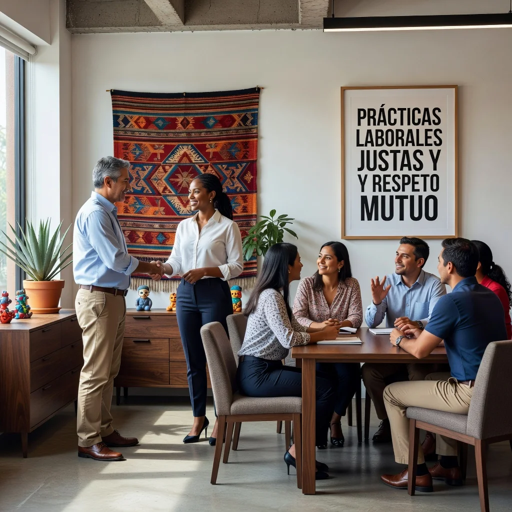 A photorealistic image depicting a professional adult employee in a modern Mexican office environment, engaged in collaborative work with colleagues, symbolizing rights and obligations in an employment contract. The scene should convey balance, respect, and productivity, with diverse adult professionals interacting positively. No children are present in the image.