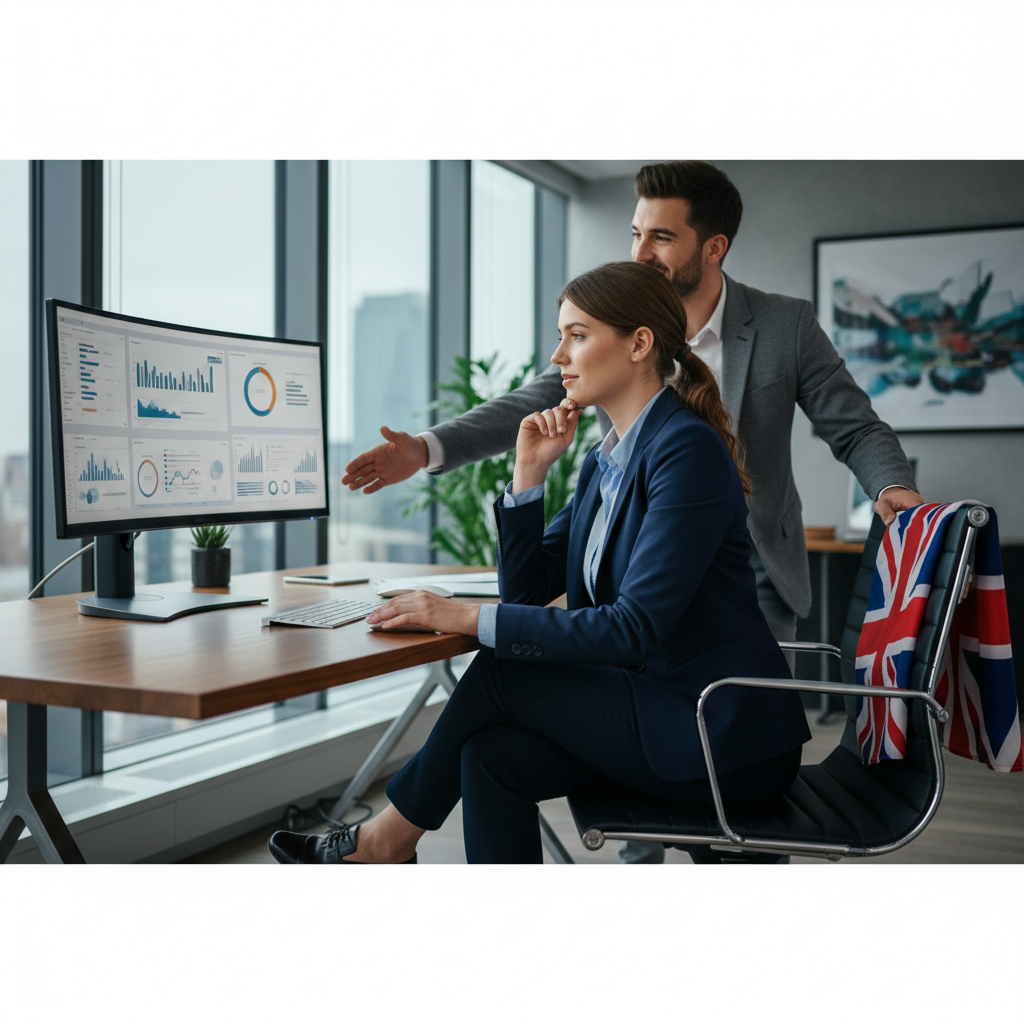 A photorealistic image of a professional adult employee in a modern UK office setting, looking confident while reviewing a contract on a laptop, symbolizing careful attention to employment details without showing any documents directly.