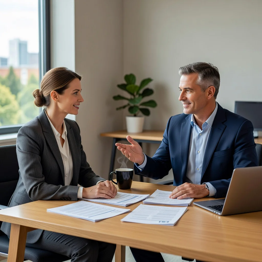 A photorealistic image depicting a professional meeting between an adult employee and an adult employer in a modern office setting, discussing labor issues calmly with handshakes, symbolizing resolution of employment disputes without showing any legal documents.