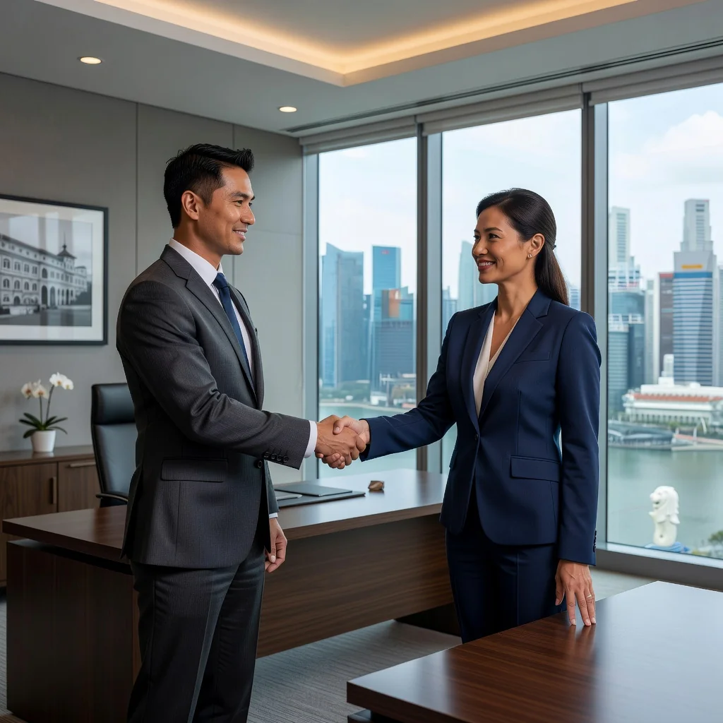 A photorealistic image of a professional adult employee shaking hands with a business colleague in a modern Singapore office, symbolizing the start of a new employment agreement, with elements like the Singapore skyline visible through the window in the background.