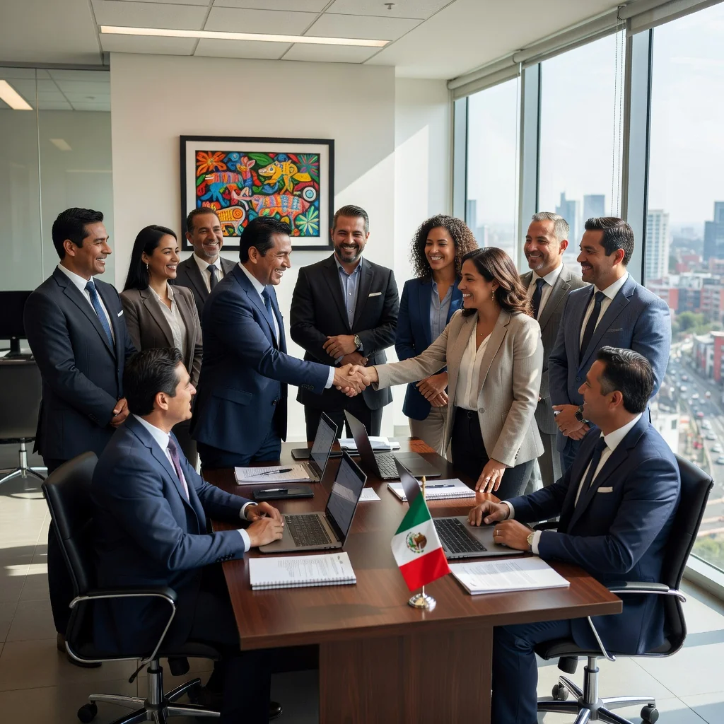 A photorealistic hero image for an article on types of work contracts in Mexico, depicting a diverse group of adult professionals in a modern Mexican office setting, shaking hands to symbolize agreement and choosing the right employment contract, with subtle Mexican cultural elements like colorful decor in the background, no children present.